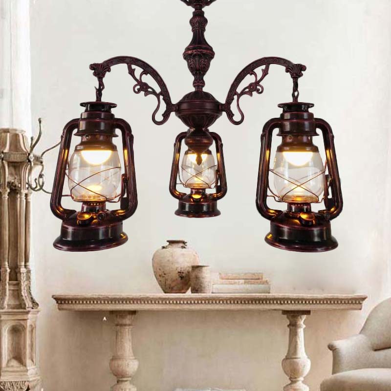 Clear Glass Black/Silver/Red Chandelier Light Lantern 3-Light Industrial Pendant Lamp for Kitchen Red Clearhalo 'Cast Iron' 'Ceiling Lights' 'Chandeliers' 'Industrial Chandeliers' 'Industrial' 'Metal' 'Middle Century Chandeliers' 'Rustic Chandeliers' 'Tiffany' Lighting' 158468