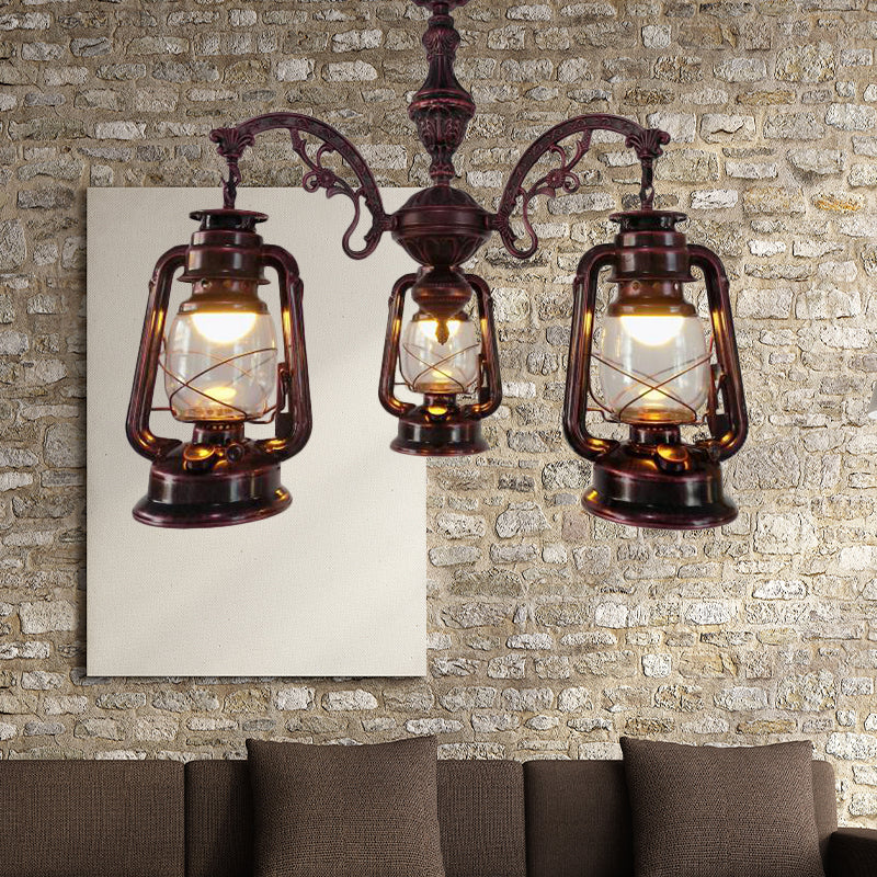 Clear Glass Black/Silver/Red Chandelier Light Lantern 3-Light Industrial Pendant Lamp for Kitchen Clearhalo 'Cast Iron' 'Ceiling Lights' 'Chandeliers' 'Industrial Chandeliers' 'Industrial' 'Metal' 'Middle Century Chandeliers' 'Rustic Chandeliers' 'Tiffany' Lighting' 158469