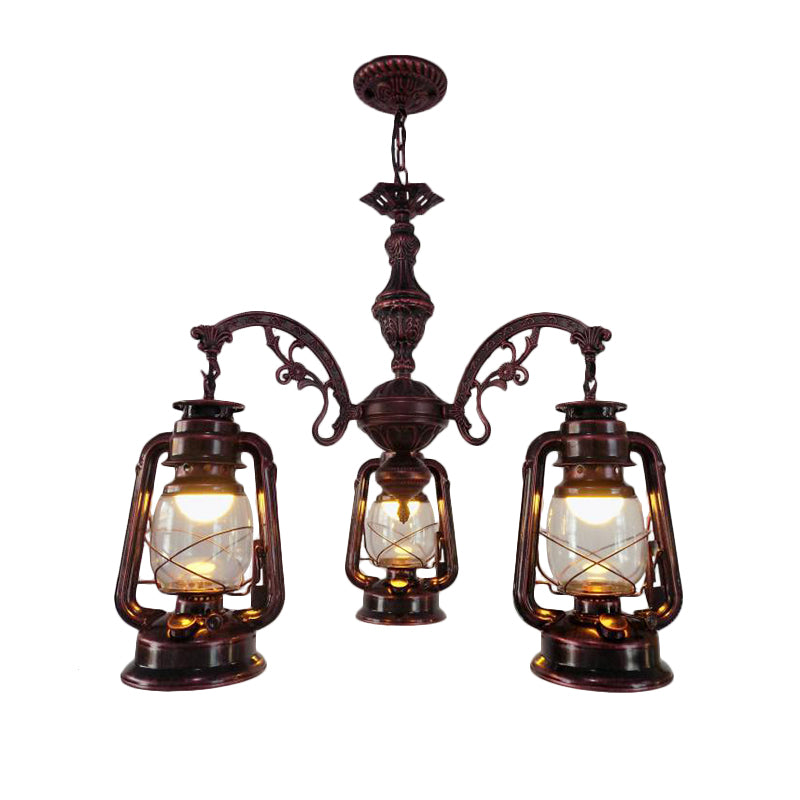 Clear Glass Black/Silver/Red Chandelier Light Lantern 3-Light Industrial Pendant Lamp for Kitchen Clearhalo 'Cast Iron' 'Ceiling Lights' 'Chandeliers' 'Industrial Chandeliers' 'Industrial' 'Metal' 'Middle Century Chandeliers' 'Rustic Chandeliers' 'Tiffany' Lighting' 158472