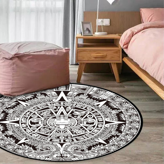 Black and White Bedroom Rug Southwestern Tribal Circle Pattern Area Rug Polyester Non-Slip Washable Carpet Black Clearhalo 'Area Rug' 'Rugs' 'Southwestern' Rug' 1584800
