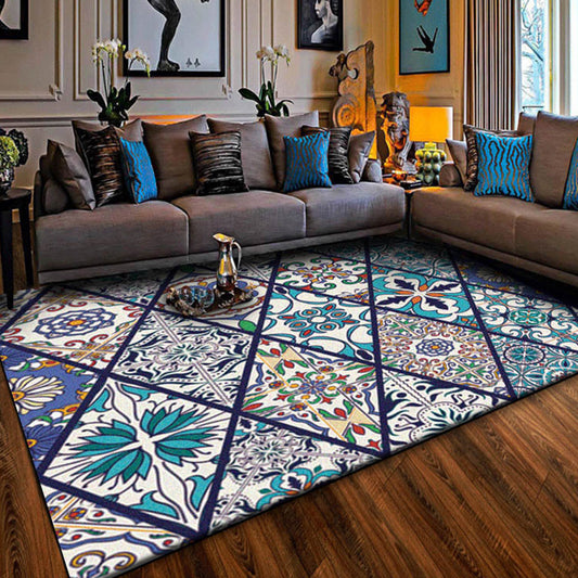 Americana Moroccan Rug in Blue Diamond Flower Pattern Rug Polyester Anti-Slip Washable Carpet for Home Decoration Blue Clearhalo 'Area Rug' 'Moroccan' 'Rugs' Rug' 1585027