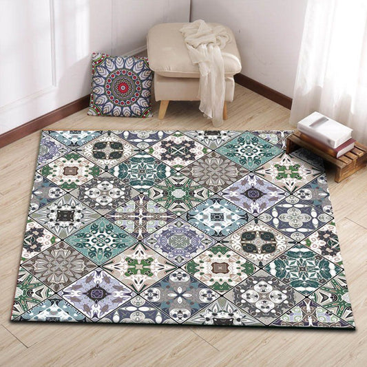 Retro Moroccan Rug in Green Geometric Flower Pattern Rug Polyester Anti-Slip Washable Carpet for Home Decoration Light Green