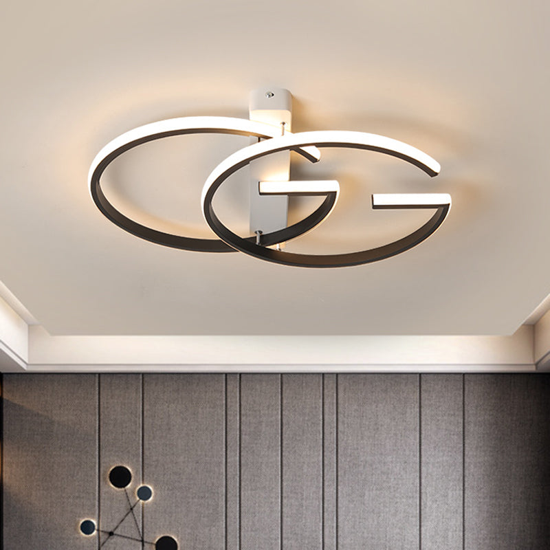 Dual G-Shape Metal Ceiling Lighting Minimalist LED Black Semi-Flush Mount in Warm/White Light, 18"/21.5" Wide
