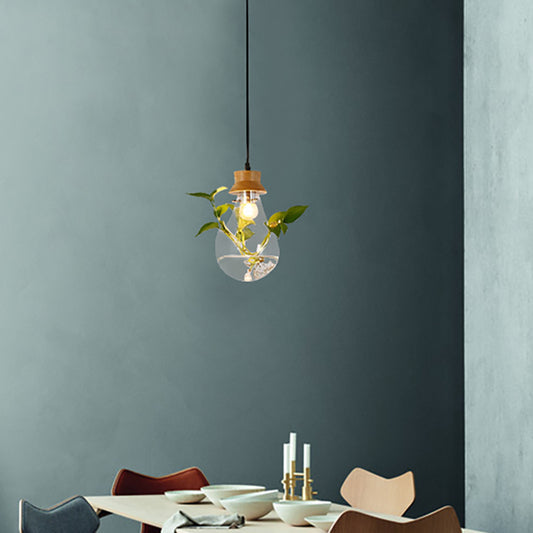 Exposed Bulb Dining Room Hanging Light Kit Industrial Clear Glass 1 Light Wood Pendant Lighting with Cap Clear Clearhalo 'Ceiling Lights' 'Glass shade' 'Glass' 'Industrial Pendants' 'Industrial' 'Island Lights' 'Middle Century Pendants' 'Pendant Lights' 'Pendants' 'Tiffany' Lighting' 158647