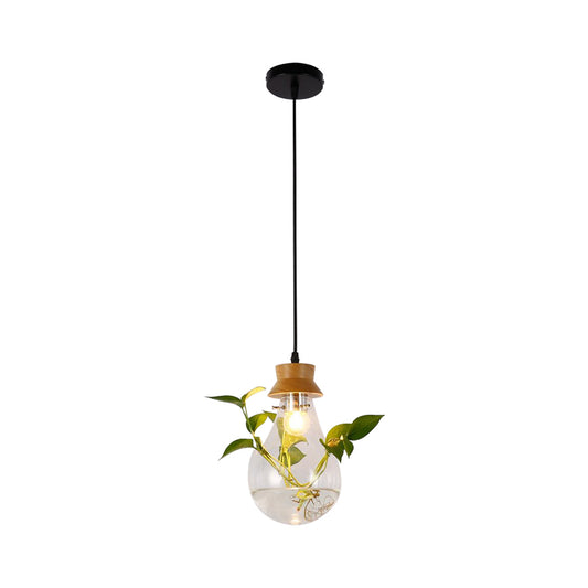 Exposed Bulb Dining Room Hanging Light Kit Industrial Clear Glass 1 Light Wood Pendant Lighting with Cap Clearhalo 'Ceiling Lights' 'Glass shade' 'Glass' 'Industrial Pendants' 'Industrial' 'Island Lights' 'Middle Century Pendants' 'Pendant Lights' 'Pendants' 'Tiffany' Lighting' 158649