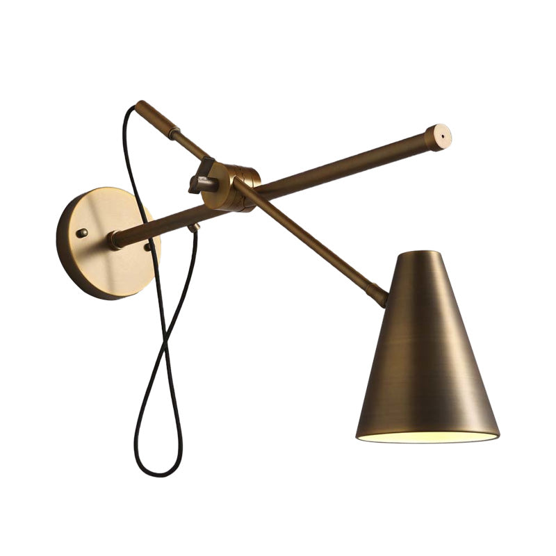 Bronze Cone Wall Sconce Light Vintage Style Metallic 1 Light Living Room Adjustable Task Lighting Clearhalo 'Art deco wall lights' 'Cast Iron' 'Glass' 'Industrial wall lights' 'Industrial' 'Middle century wall lights' 'Modern' 'Rustic wall lights' 'Tiffany' 'Traditional wall lights' 'Wall Lamps & Sconces' 'Wall Lights' Lighting' 158686