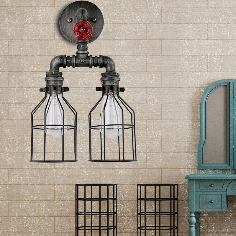 Caged Restaurant Wall Lamp Sconce with Pipe Arm Farmhouse Wrought Iron 2 Lights Black Wall Light Black Clearhalo 'Art deco wall lights' 'Cast Iron' 'Glass' 'Industrial wall lights' 'Industrial' 'Middle century wall lights' 'Modern' 'Rustic wall lights' 'Tiffany' 'Traditional wall lights' 'Wall Lamps & Sconces' 'Wall Lights' Lighting' 158702