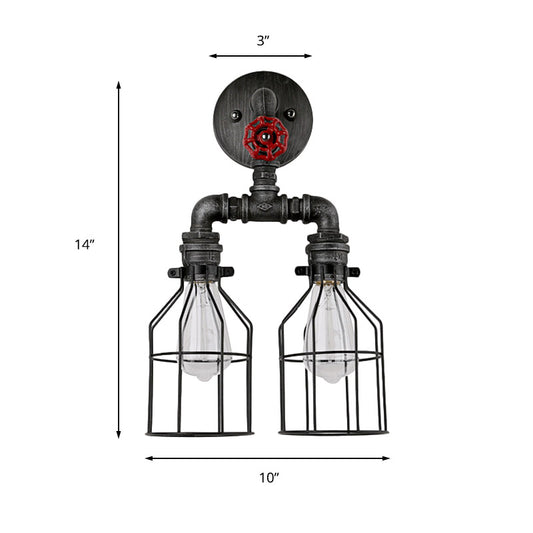 Caged Restaurant Wall Lamp Sconce with Pipe Arm Farmhouse Wrought Iron 2 Lights Black Wall Light Clearhalo 'Art deco wall lights' 'Cast Iron' 'Glass' 'Industrial wall lights' 'Industrial' 'Middle century wall lights' 'Modern' 'Rustic wall lights' 'Tiffany' 'Traditional wall lights' 'Wall Lamps & Sconces' 'Wall Lights' Lighting' 158705