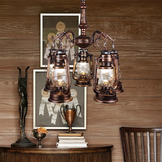 5 Lights Clear Glass Pendant Chandelier Antique Stylish Bronze/Copper Kerosene Dining Room Hanging Ceiling Fixture Copper Clearhalo 'Cast Iron' 'Ceiling Lights' 'Chandeliers' 'Industrial Chandeliers' 'Industrial' 'Metal' 'Middle Century Chandeliers' 'Rustic Chandeliers' 'Tiffany' Lighting' 158803