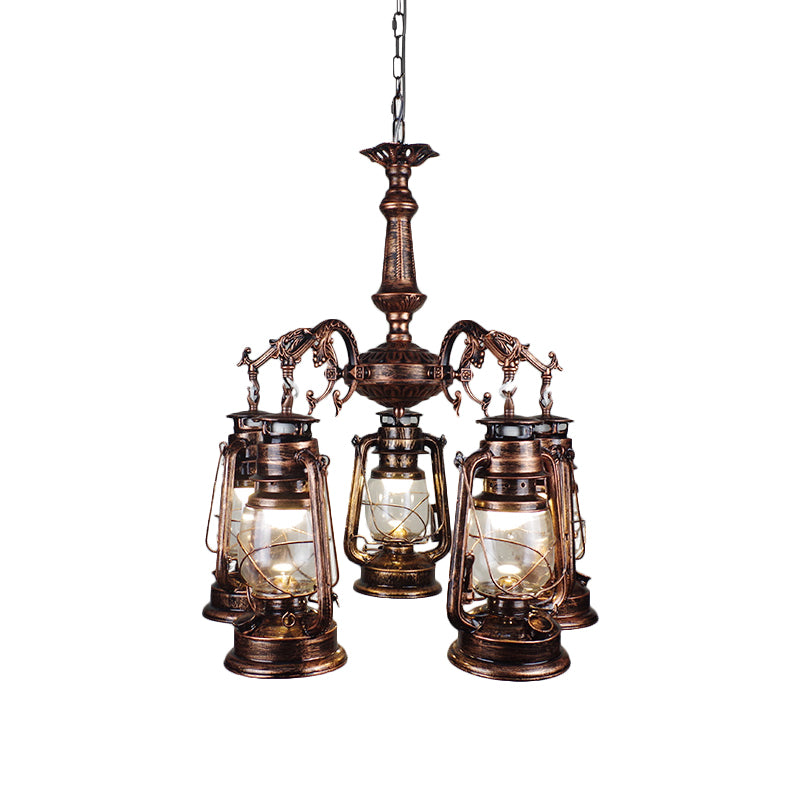 5 Lights Clear Glass Pendant Chandelier Antique Stylish Bronze/Copper Kerosene Dining Room Hanging Ceiling Fixture Clearhalo 'Cast Iron' 'Ceiling Lights' 'Chandeliers' 'Industrial Chandeliers' 'Industrial' 'Metal' 'Middle Century Chandeliers' 'Rustic Chandeliers' 'Tiffany' Lighting' 158805