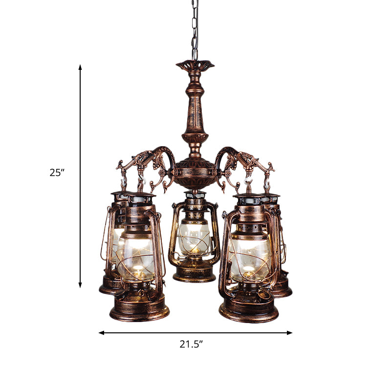 5 Lights Clear Glass Pendant Chandelier Antique Stylish Bronze/Copper Kerosene Dining Room Hanging Ceiling Fixture Clearhalo 'Cast Iron' 'Ceiling Lights' 'Chandeliers' 'Industrial Chandeliers' 'Industrial' 'Metal' 'Middle Century Chandeliers' 'Rustic Chandeliers' 'Tiffany' Lighting' 158806