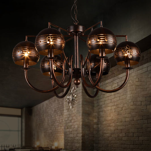 Retro Domed Shade Chandelier with Musical Note Metal 6-Light Rust Pendant Light for Restaurant Rust Clearhalo 'Cast Iron' 'Ceiling Lights' 'Chandeliers' 'Industrial Chandeliers' 'Industrial' 'Metal' 'Middle Century Chandeliers' 'Rustic Chandeliers' 'Tiffany' Lighting' 158911