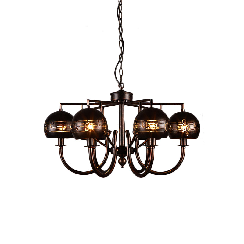 Retro Domed Shade Chandelier with Musical Note Metal 6-Light Rust Pendant Light for Restaurant Clearhalo 'Cast Iron' 'Ceiling Lights' 'Chandeliers' 'Industrial Chandeliers' 'Industrial' 'Metal' 'Middle Century Chandeliers' 'Rustic Chandeliers' 'Tiffany' Lighting' 158913
