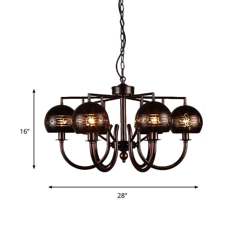 Retro Domed Shade Chandelier with Musical Note Metal 6-Light Rust Pendant Light for Restaurant Clearhalo 'Cast Iron' 'Ceiling Lights' 'Chandeliers' 'Industrial Chandeliers' 'Industrial' 'Metal' 'Middle Century Chandeliers' 'Rustic Chandeliers' 'Tiffany' Lighting' 158914