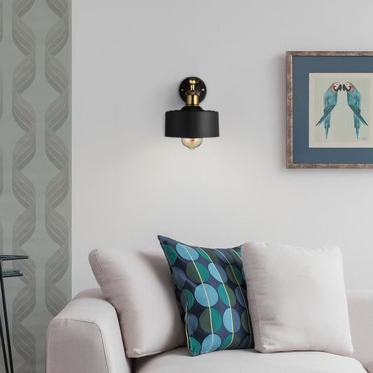 1 Light Wall Lamp Loft Style Dome/Drum Shade Metal Adjustable Sconce Light Fixture in Black for Bedroom Black Drum Clearhalo 'Cast Iron' 'Glass' 'Industrial' 'Modern wall lights' 'Modern' 'Tiffany' 'Traditional wall lights' 'Wall Lamps & Sconces' 'Wall Lights' Lighting' 158959