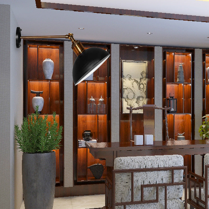 1 Light Wall Lamp Loft Style Dome/Drum Shade Metal Adjustable Sconce Light Fixture in Black for Bedroom Black Dome Clearhalo 'Cast Iron' 'Glass' 'Industrial' 'Modern wall lights' 'Modern' 'Tiffany' 'Traditional wall lights' 'Wall Lamps & Sconces' 'Wall Lights' Lighting' 158965