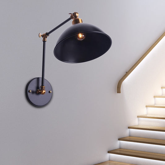 1 Bulb Sconce Light Vintage Swing Arm Metal Wall Lighting with Bowl Shade in Black for Stairway Black Clearhalo 'Art deco wall lights' 'Cast Iron' 'Glass' 'Industrial wall lights' 'Industrial' 'Middle century wall lights' 'Modern' 'Rustic wall lights' 'Tiffany' 'Traditional wall lights' 'Wall Lamps & Sconces' 'Wall Lights' Lighting' 158985