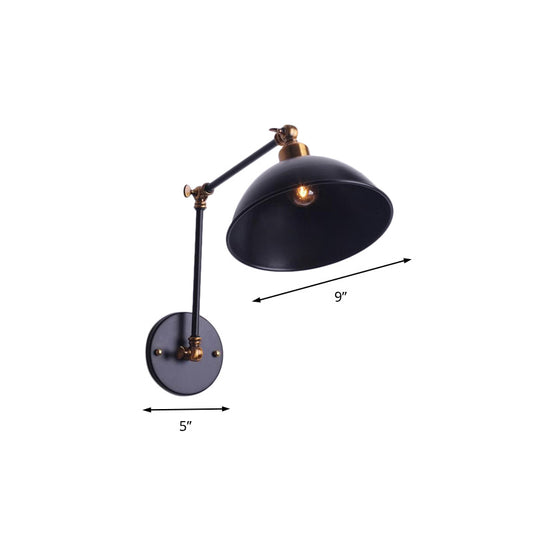 1 Bulb Sconce Light Vintage Swing Arm Metal Wall Lighting with Bowl Shade in Black for Stairway Clearhalo 'Art deco wall lights' 'Cast Iron' 'Glass' 'Industrial wall lights' 'Industrial' 'Middle century wall lights' 'Modern' 'Rustic wall lights' 'Tiffany' 'Traditional wall lights' 'Wall Lamps & Sconces' 'Wall Lights' Lighting' 158988