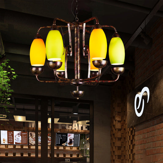 Industrial Antique Copper Pendant Light Yellow Melon 6 Lights Metallic Chandelier for Bar Yellow Clearhalo 'Ceiling Lights' 'Chandeliers' 'Glass shade' 'Glass' 'Pendant Lights' Lighting' 158989