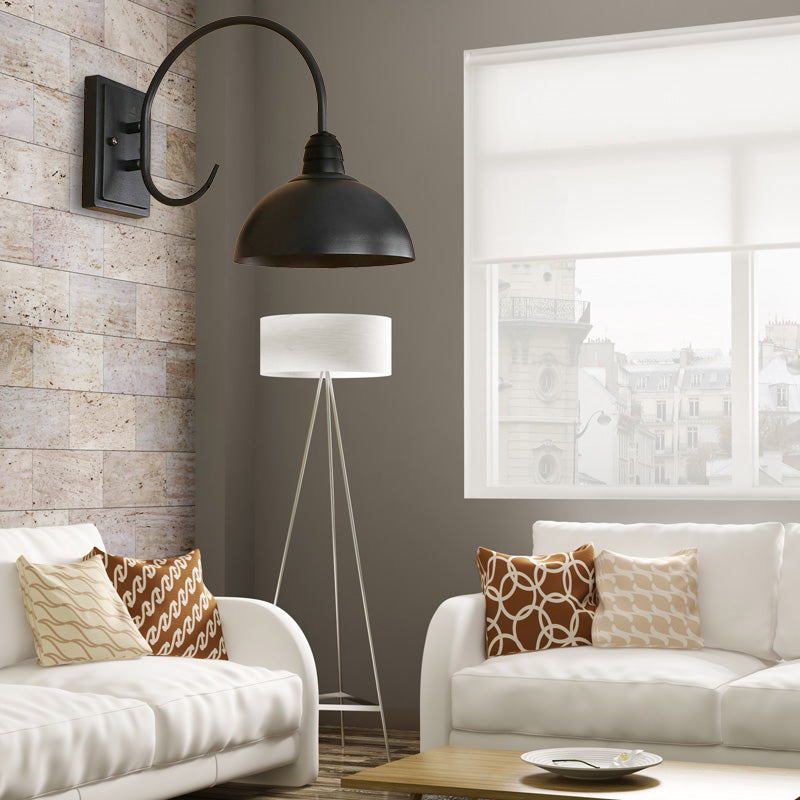 1 Head Wall Sconce Retro Domed Shade Metallic Sconce Lighting Fixture with Curved Arm in Black Black C Clearhalo 'Cast Iron' 'Glass' 'Industrial' 'Modern wall lights' 'Modern' 'Tiffany' 'Traditional wall lights' 'Wall Lamps & Sconces' 'Wall Lights' Lighting' 159001