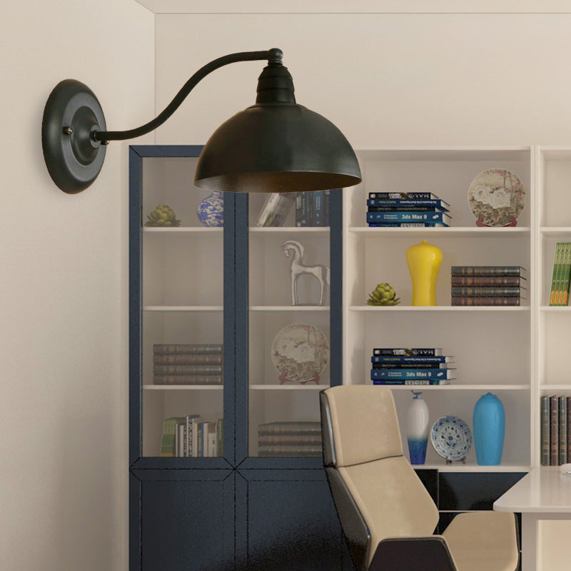 1 Head Wall Sconce Retro Domed Shade Metallic Sconce Lighting Fixture with Curved Arm in Black Black B Clearhalo 'Cast Iron' 'Glass' 'Industrial' 'Modern wall lights' 'Modern' 'Tiffany' 'Traditional wall lights' 'Wall Lamps & Sconces' 'Wall Lights' Lighting' 159005