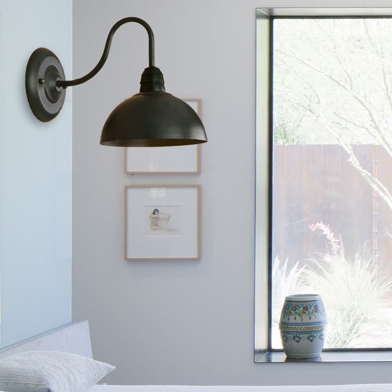 1 Head Wall Sconce Retro Domed Shade Metallic Sconce Lighting Fixture with Curved Arm in Black Black A Clearhalo 'Cast Iron' 'Glass' 'Industrial' 'Modern wall lights' 'Modern' 'Tiffany' 'Traditional wall lights' 'Wall Lamps & Sconces' 'Wall Lights' Lighting' 159008