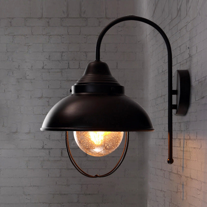 Farmhouse Dome Wall Light Fixture 1 Light Metal Sconce Lighting with Cage and Seeded Glass Shade in Black Black Clearhalo 'Art deco wall lights' 'Cast Iron' 'Glass' 'Industrial wall lights' 'Industrial' 'Middle century wall lights' 'Modern' 'Rustic wall lights' 'Tiffany' 'Traditional wall lights' 'Wall Lamps & Sconces' 'Wall Lights' Lighting' 159089