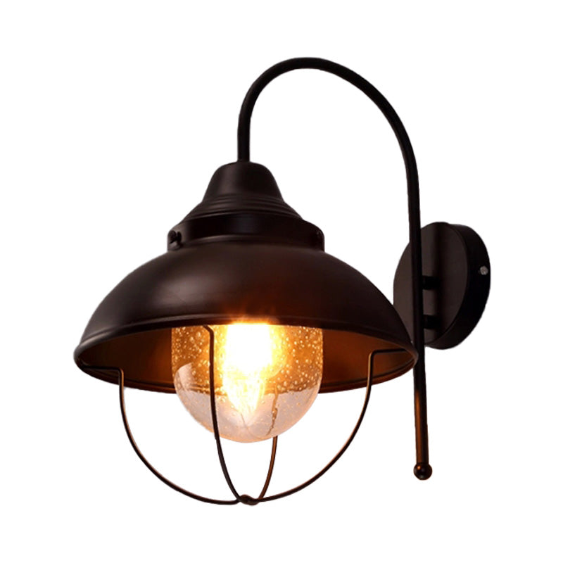 Farmhouse Dome Wall Light Fixture 1 Light Metal Sconce Lighting with Cage and Seeded Glass Shade in Black Clearhalo 'Art deco wall lights' 'Cast Iron' 'Glass' 'Industrial wall lights' 'Industrial' 'Middle century wall lights' 'Modern' 'Rustic wall lights' 'Tiffany' 'Traditional wall lights' 'Wall Lamps & Sconces' 'Wall Lights' Lighting' 159091