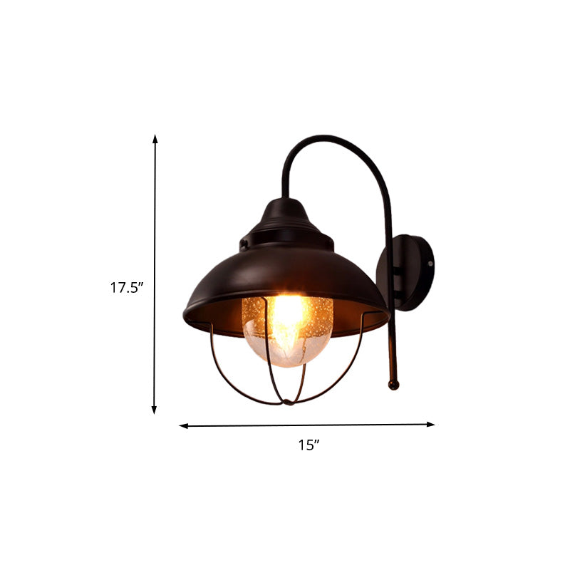 Farmhouse Dome Wall Light Fixture 1 Light Metal Sconce Lighting with Cage and Seeded Glass Shade in Black Clearhalo 'Art deco wall lights' 'Cast Iron' 'Glass' 'Industrial wall lights' 'Industrial' 'Middle century wall lights' 'Modern' 'Rustic wall lights' 'Tiffany' 'Traditional wall lights' 'Wall Lamps & Sconces' 'Wall Lights' Lighting' 159092