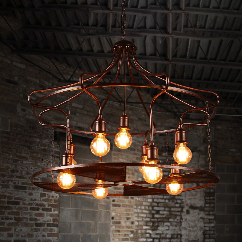 Drum Restaurant Pendant Light Metal Nine Lights Antique Stylish Chandelier in Rust Clearhalo 'Ceiling Lights' 'Chandeliers' Lighting' options 159101