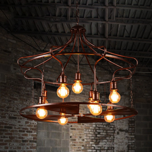 Drum Restaurant Pendant Light Metal Nine Lights Antique Stylish Chandelier in Rust Clearhalo 'Ceiling Lights' 'Chandeliers' Lighting' options 159101