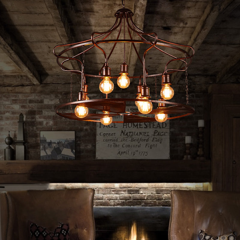 Drum Restaurant Pendant Light Metal Nine Lights Antique Stylish Chandelier in Rust Clearhalo 'Ceiling Lights' 'Chandeliers' Lighting' options 159102