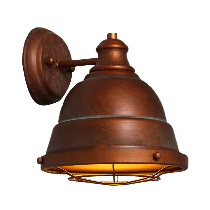 1 Light Dome Wall Lamp with Wire Cage Vintage Style Black/Weathered Copper Iron Wall Sconce for Staircase Clearhalo 'Art deco wall lights' 'Cast Iron' 'Glass' 'Industrial wall lights' 'Industrial' 'Middle century wall lights' 'Modern' 'Rustic wall lights' 'Tiffany' 'Traditional wall lights' 'Wall Lamps & Sconces' 'Wall Lights' Lighting' 159120