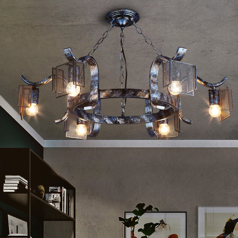 Iron Ring Hanging Light with Mesh Screen Six Heads Rustic Pendant Light in Antique Black for Bar Black Clearhalo 'Cast Iron' 'Ceiling Lights' 'Chandeliers' 'Industrial Chandeliers' 'Industrial' 'Metal' 'Middle Century Chandeliers' 'Rustic Chandeliers' 'Tiffany' Lighting' 159133