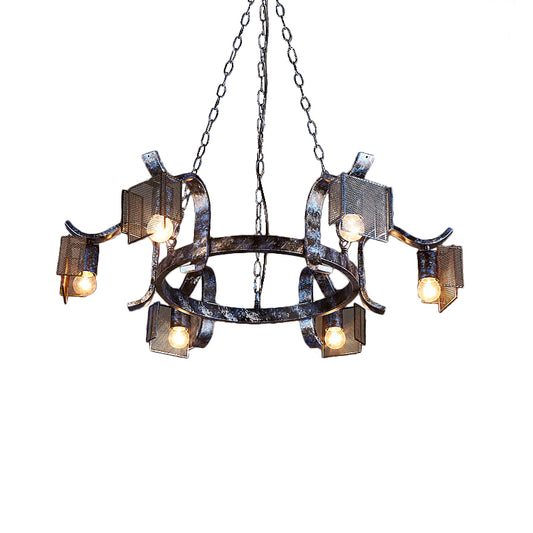 Iron Ring Hanging Light with Mesh Screen Six Heads Rustic Pendant Light in Antique Black for Bar Clearhalo 'Cast Iron' 'Ceiling Lights' 'Chandeliers' 'Industrial Chandeliers' 'Industrial' 'Metal' 'Middle Century Chandeliers' 'Rustic Chandeliers' 'Tiffany' Lighting' 159135