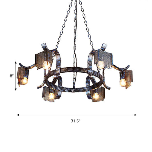 Iron Ring Hanging Light with Mesh Screen Six Heads Rustic Pendant Light in Antique Black for Bar Clearhalo 'Cast Iron' 'Ceiling Lights' 'Chandeliers' 'Industrial Chandeliers' 'Industrial' 'Metal' 'Middle Century Chandeliers' 'Rustic Chandeliers' 'Tiffany' Lighting' 159136