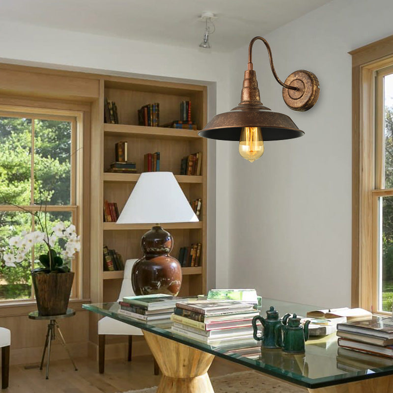 Antique Style Barn Wall Sconce Lamp 1 Light Iron Sconce Wall Lighting with Gooseneck Arm in Bronze/Rust for Bedroom Weathered Copper Clearhalo 'Art deco wall lights' 'Cast Iron' 'Glass' 'Industrial wall lights' 'Industrial' 'Middle century wall lights' 'Modern' 'Rustic wall lights' 'Tiffany' 'Traditional wall lights' 'Wall Lamps & Sconces' 'Wall Lights' Lighting' 159213