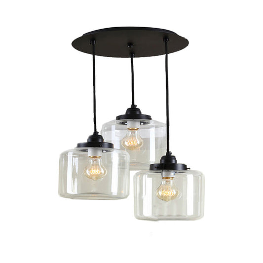 3 Lights Multiple Hanging Light Traditional Jar Shape Clear Glass Pendant Lighting in Black, Round Canopy Clearhalo 'Ceiling Lights' 'Glass shade' 'Glass' 'Industrial Pendants' 'Industrial' 'Middle Century Pendants' 'Pendant Lights' 'Pendants' 'Tiffany' Lighting' 159257
