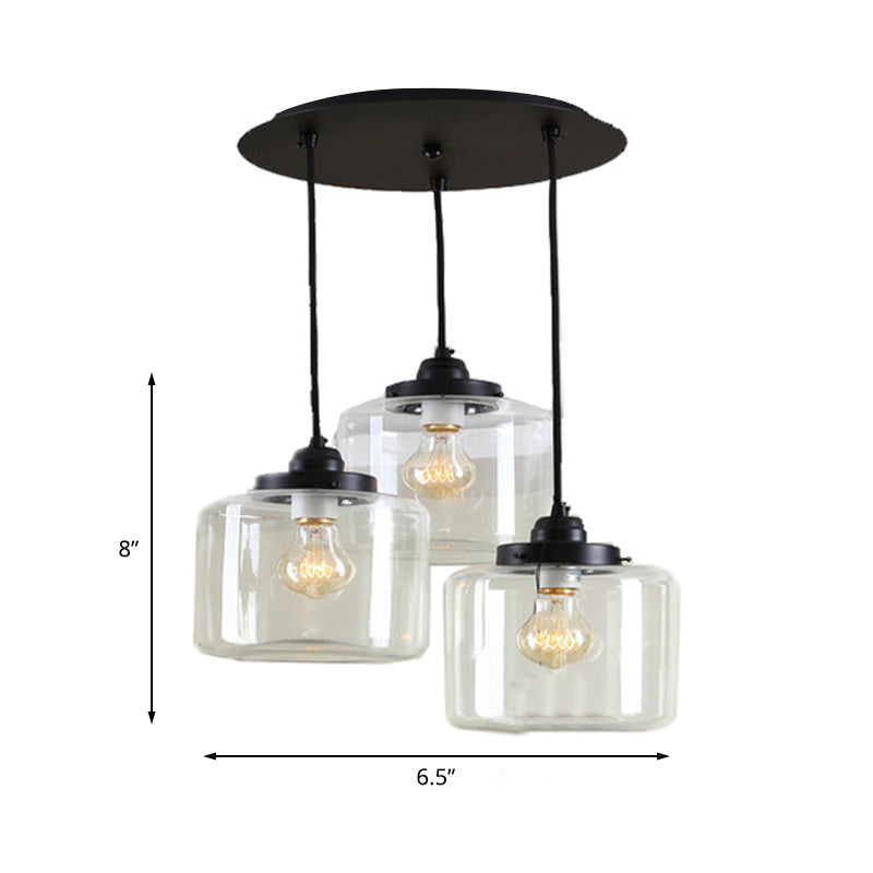 3 Lights Multiple Hanging Light Traditional Jar Shape Clear Glass Pendant Lighting in Black, Round Canopy Clearhalo 'Ceiling Lights' 'Glass shade' 'Glass' 'Industrial Pendants' 'Industrial' 'Middle Century Pendants' 'Pendant Lights' 'Pendants' 'Tiffany' Lighting' 159258