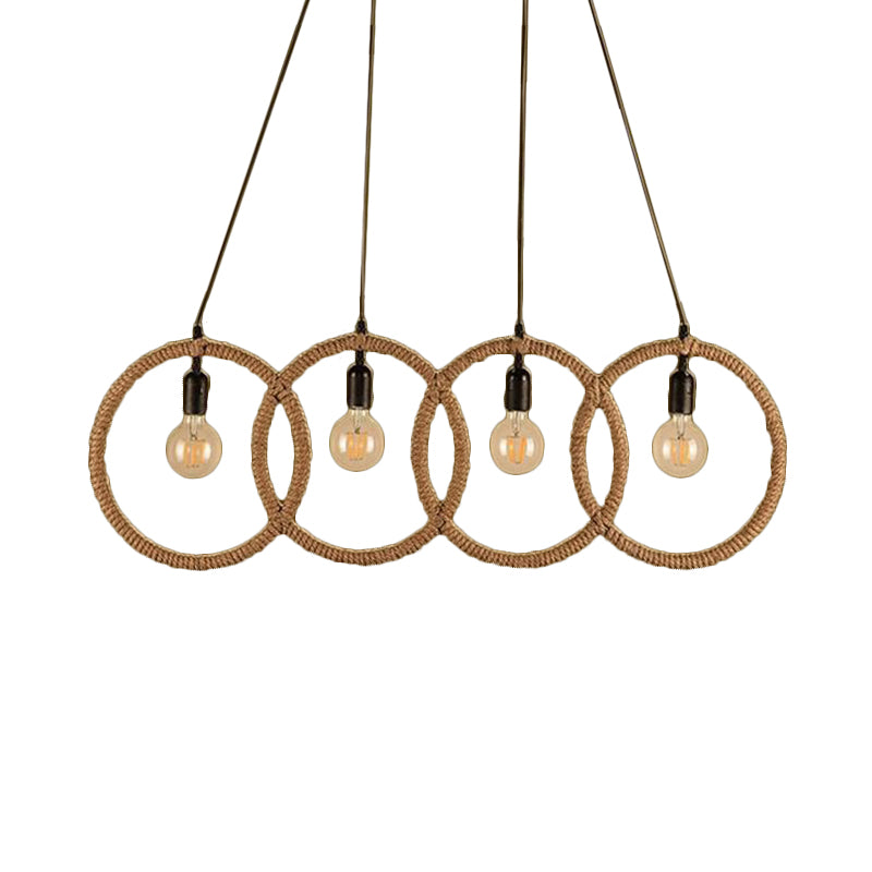 Black Finish Four-Ring Ceiling Pendant Lodge Style Manila Rope 4 Lights Coffee Shop Hanging Light Clearhalo 'Ceiling Lights' 'Industrial Pendants' 'Industrial' 'Middle Century Pendants' 'Pendant Lights' 'Pendants' 'Tiffany' Lighting' 159278
