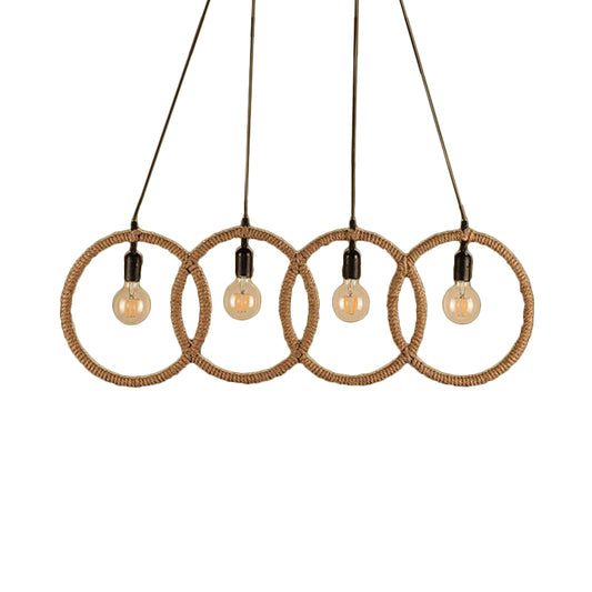 Black Finish Four-Ring Ceiling Pendant Lodge Style Manila Rope 4 Lights Coffee Shop Hanging Light Clearhalo 'Ceiling Lights' 'Industrial Pendants' 'Industrial' 'Middle Century Pendants' 'Pendant Lights' 'Pendants' 'Tiffany' Lighting' 159278