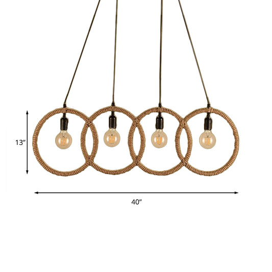 Black Finish Four-Ring Ceiling Pendant Lodge Style Manila Rope 4 Lights Coffee Shop Hanging Light Clearhalo 'Ceiling Lights' 'Industrial Pendants' 'Industrial' 'Middle Century Pendants' 'Pendant Lights' 'Pendants' 'Tiffany' Lighting' 159279