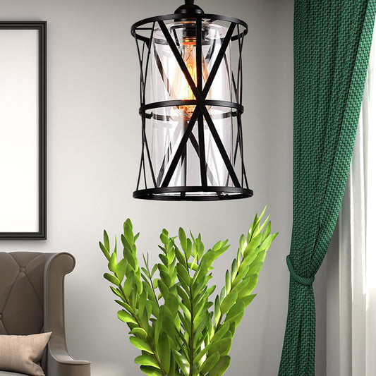 1 Light Pendant Lighting Industrial Cylinder Clear Glass Hanging Ceiling Light in Black with Iron Frame Black Clearhalo 'Ceiling Lights' 'Chandeliers' 'Glass shade' 'Glass' 'Industrial Pendants' 'Industrial' 'Middle Century Pendants' 'Pendant Lights' 'Pendants' 'Tiffany' Lighting' 159348