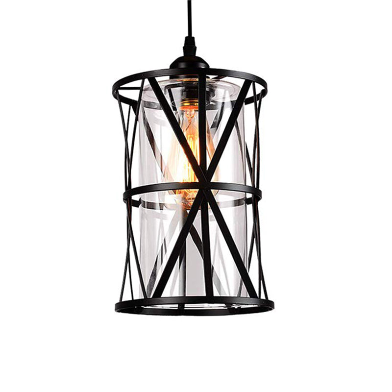 1 Light Pendant Lighting Industrial Cylinder Clear Glass Hanging Ceiling Light in Black with Iron Frame Clearhalo 'Ceiling Lights' 'Chandeliers' 'Glass shade' 'Glass' 'Industrial Pendants' 'Industrial' 'Middle Century Pendants' 'Pendant Lights' 'Pendants' 'Tiffany' Lighting' 159350
