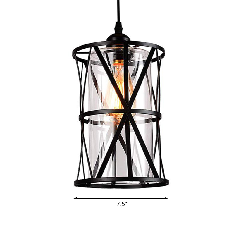 1 Light Pendant Lighting Industrial Cylinder Clear Glass Hanging Ceiling Light in Black with Iron Frame Clearhalo 'Ceiling Lights' 'Chandeliers' 'Glass shade' 'Glass' 'Industrial Pendants' 'Industrial' 'Middle Century Pendants' 'Pendant Lights' 'Pendants' 'Tiffany' Lighting' 159351