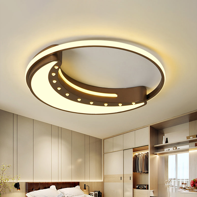 Moon Shaped Ceiling Mounted Fixture with Crystal Accent Modern Metal Brown Bedroom LED Flush Mount Lighting in Warm/White,16"/19.5"/23.5" Wide Brown Warm Clearhalo 'Ceiling Lights' 'Close To Ceiling Lights' 'Close to ceiling' 'Flush mount' Lighting' 159361