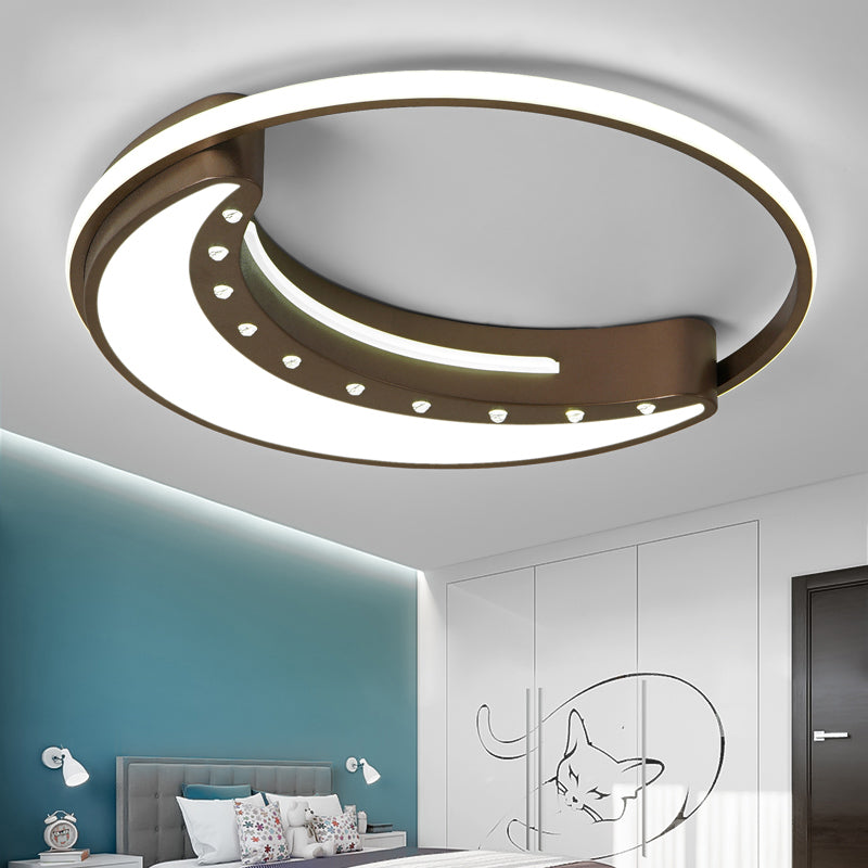 Moon Shaped Ceiling Mounted Fixture with Crystal Accent Modern Metal Brown Bedroom LED Flush Mount Lighting in Warm/White,16"/19.5"/23.5" Wide Brown White Clearhalo 'Ceiling Lights' 'Close To Ceiling Lights' 'Close to ceiling' 'Flush mount' Lighting' 159362