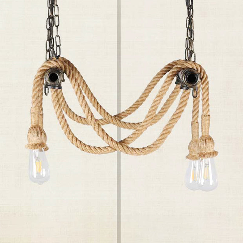 Wrought Iron Bronze Suspension Light Open Bulb 4 Lights Antique Style Chandelier Lamp with Hemp Rope for Bar Bronze Clearhalo 'Ceiling Lights' 'Chandeliers' 'Industrial Chandeliers' 'Industrial' 'Middle Century Chandeliers' 'Tiffany' Lighting' 159373