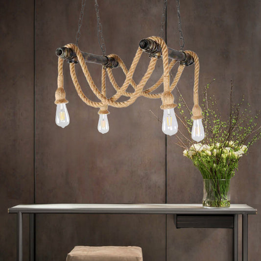 Wrought Iron Bronze Suspension Light Open Bulb 4 Lights Antique Style Chandelier Lamp with Hemp Rope for Bar Clearhalo 'Ceiling Lights' 'Chandeliers' 'Industrial Chandeliers' 'Industrial' 'Middle Century Chandeliers' 'Tiffany' Lighting' 159374