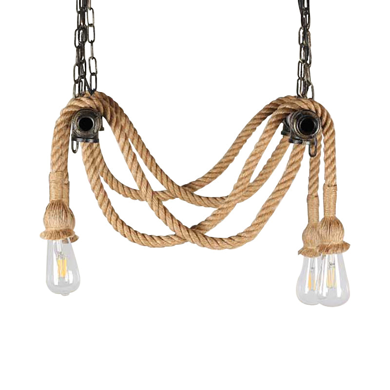 Wrought Iron Bronze Suspension Light Open Bulb 4 Lights Antique Style Chandelier Lamp with Hemp Rope for Bar Clearhalo 'Ceiling Lights' 'Chandeliers' 'Industrial Chandeliers' 'Industrial' 'Middle Century Chandeliers' 'Tiffany' Lighting' 159377